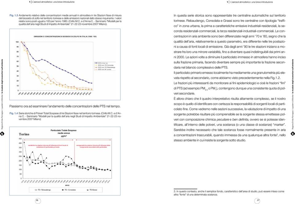 3 Andamento relativo delle concentrazioni medie annuali in atmosfera in tre Stazioni fisse di misura del biossido di zolfo nel territorio torinese e delle emissioni nazionali dello stesso inquinante.