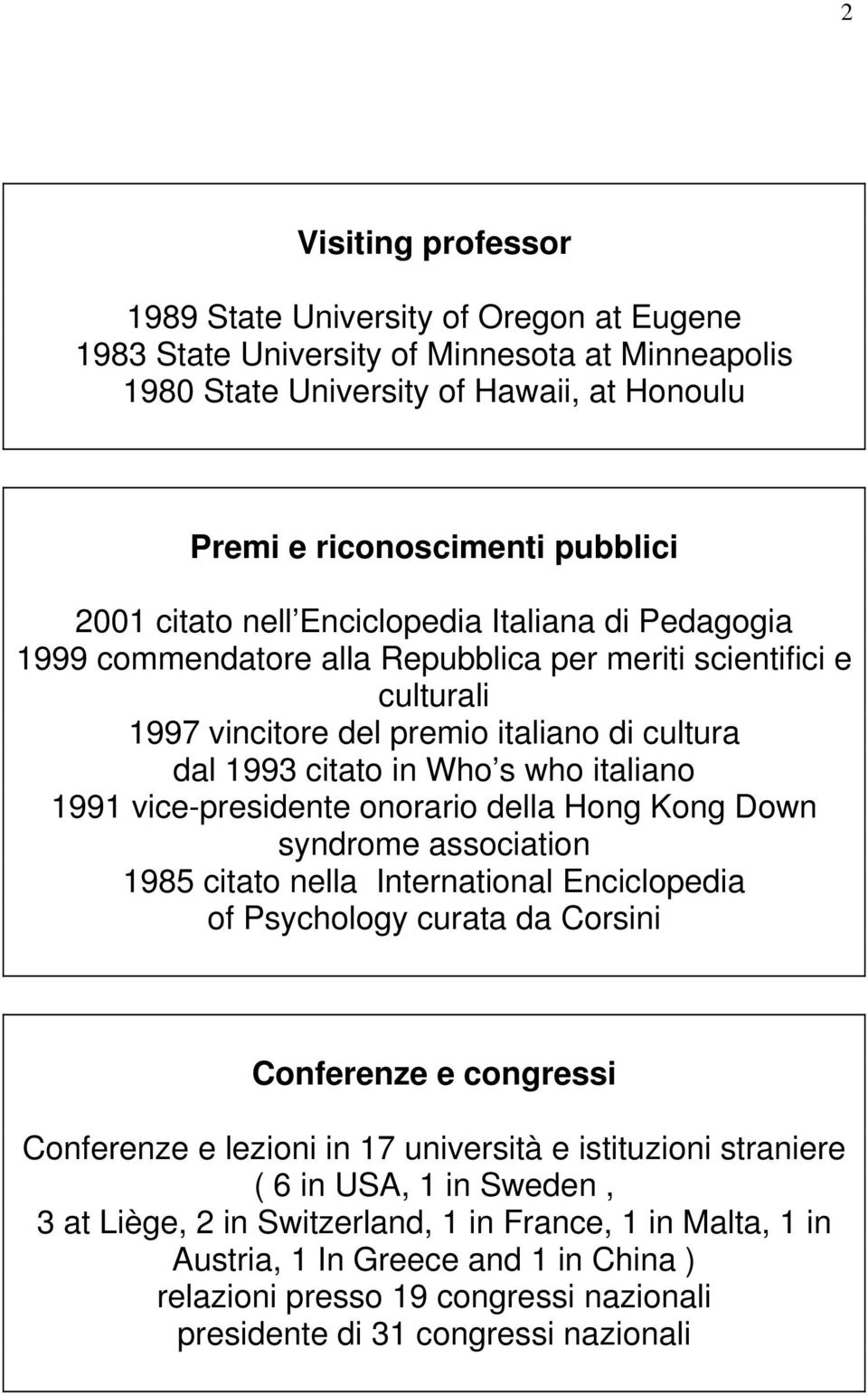 1991 vice-presidente onorario della Hong Kong Down syndrome association 1985 citato nella International Enciclopedia of Psychology curata da Corsini Conferenze e congressi Conferenze e lezioni in 17