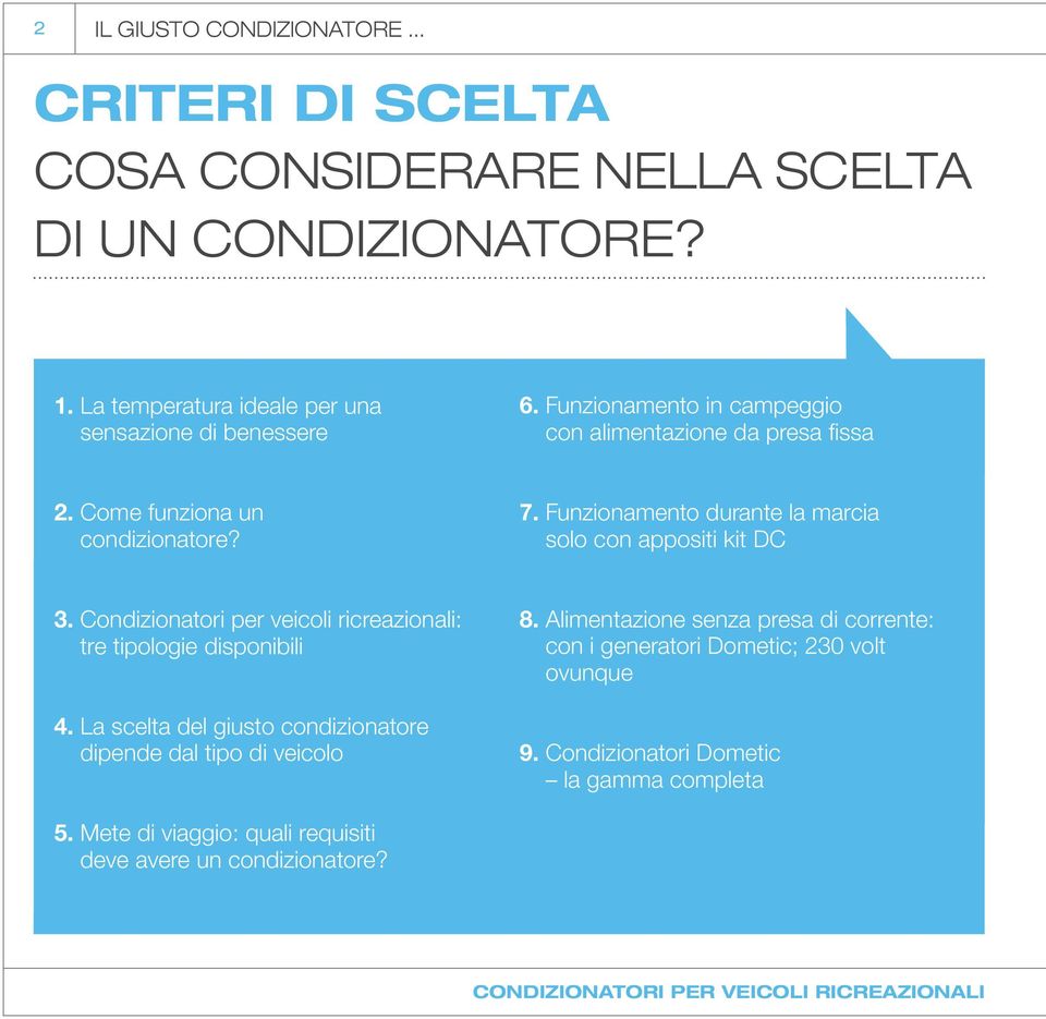 Condizionatori per veicoli ricreazionali: tre tipologie disponibili 4. La scelta del giusto condizionatore dipende dal tipo di veicolo 8.