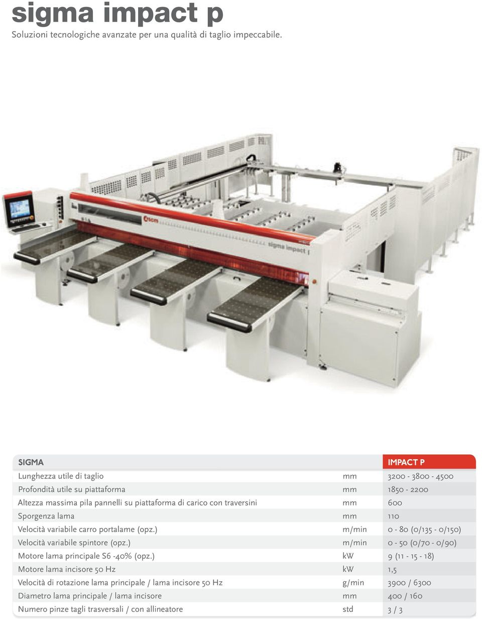 traversini mm 600 Sporgenza lama mm 110 Velocità variabile carro portalame (opz.) m/min 0-80 (0/135-0/150) Velocità variabile spintore (opz.