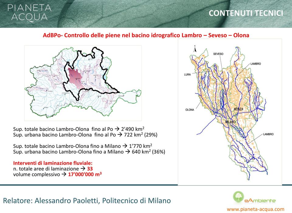 urbana bacino Lambro-Olona fino al Po 722 km 2 (29%) Sup.