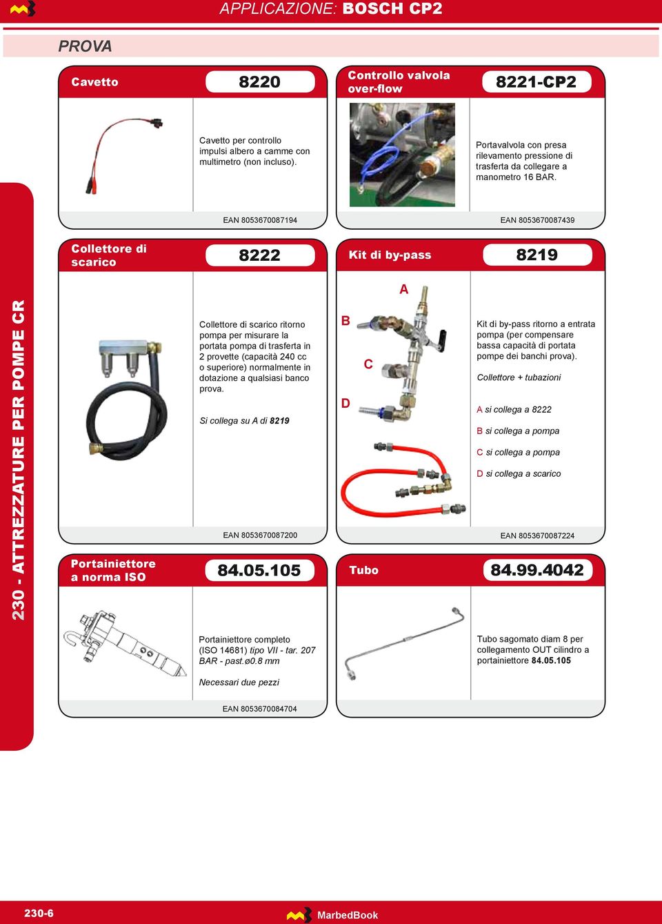 EAN 8053670087194 EAN 8053670087439 Collettore di scarico 8222 Kit di by-pass 8219 A 230 - ATTREZZATURE PER POMPE CR Collettore di scarico ritorno pompa per misurare la portata pompa di trasferta in