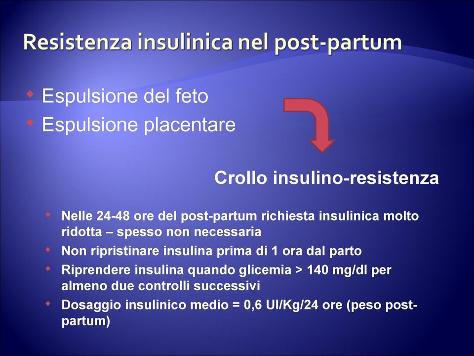 insulina prima di 1 ora dal parto Riprendere insulina quando glicemia > 140 mg/dl per