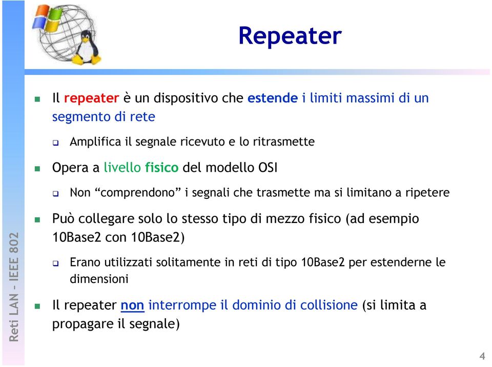 collegare solo lo stesso tipo di mezzo fisico (ad esempio 10Base2 con 10Base2) Erano utilizzati solitamente in reti di tipo