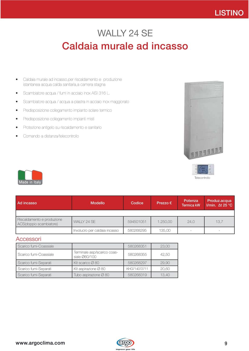 250,00 24,0 13,7 Involucro per caldaia incasso 580268295 135,00 - - Scarico fumi-coassiale 580268351 23,00 Scarico fumi-coassiale Terminale