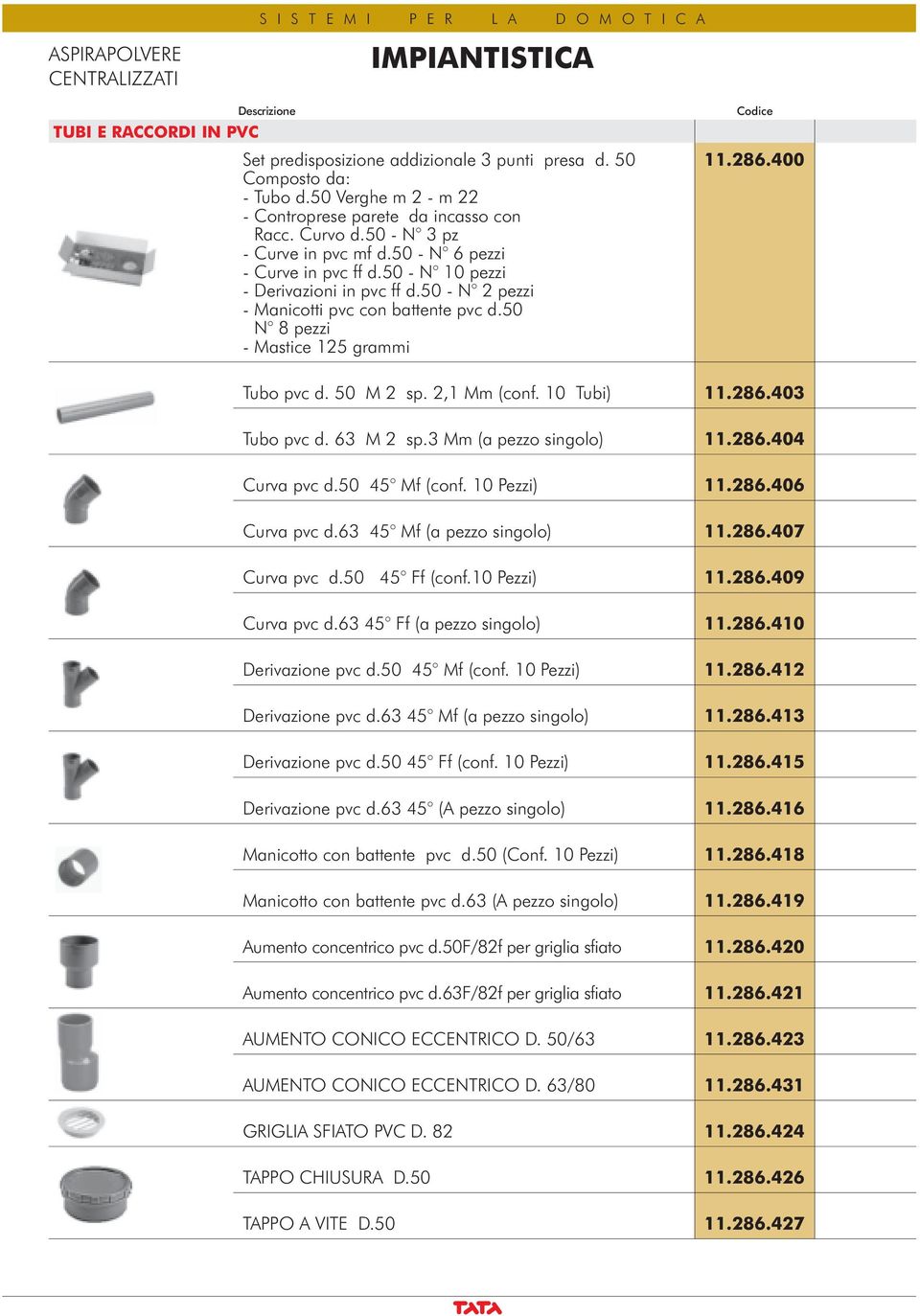 400 Tubo pvc d. 50 M 2 sp. 2,1 Mm (conf. 10 Tubi) 11.286.403 Tubo pvc d. 63 M 2 sp.3 Mm (a pezzo singolo) 11.286.404 Curva pvc d.50 45 Mf (conf. 10 Pezzi) 11.286.406 Curva pvc d.