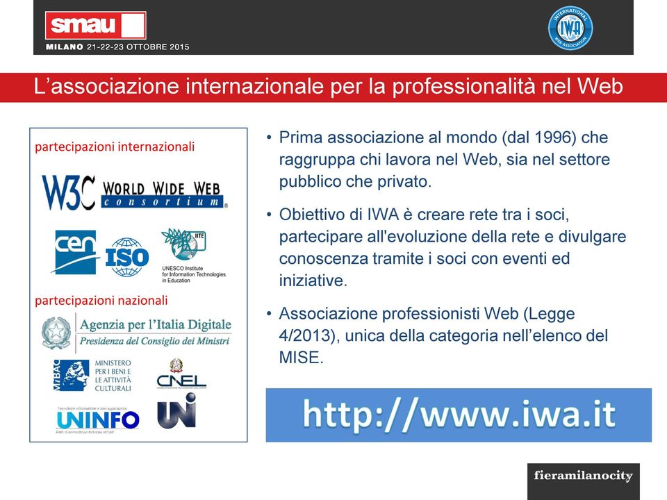 Obiettivo di IWA è creare rete tra i soci, partecipare all'evoluzione della rete e divulgare conoscenza tramite i