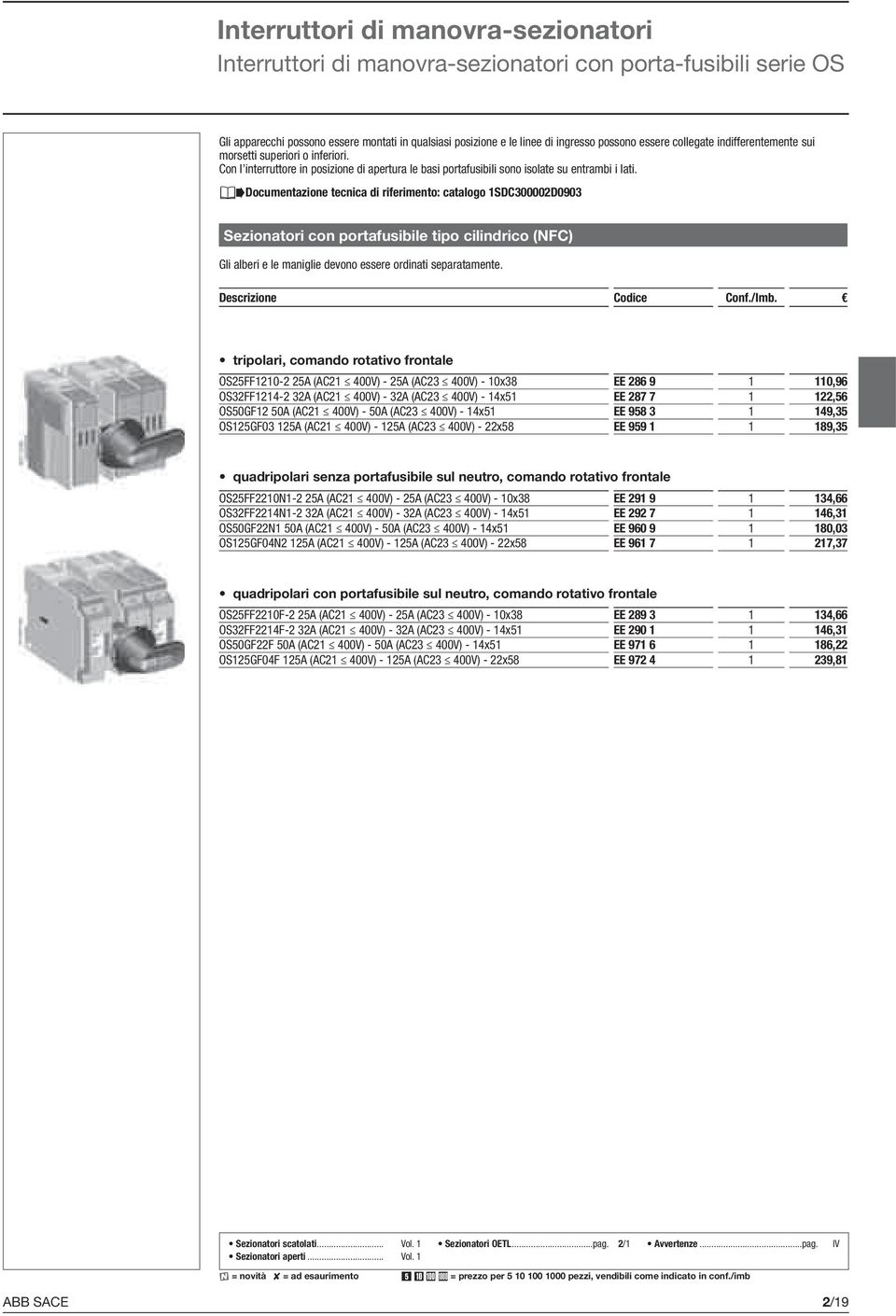 JDocumentazione tecnica di riferimento: catalogo 1SDC300002D0903 Sezionatori con portafusibile tipo cilindrico (NFC) Gli alberi e le maniglie devono essere ordinati separatamente.