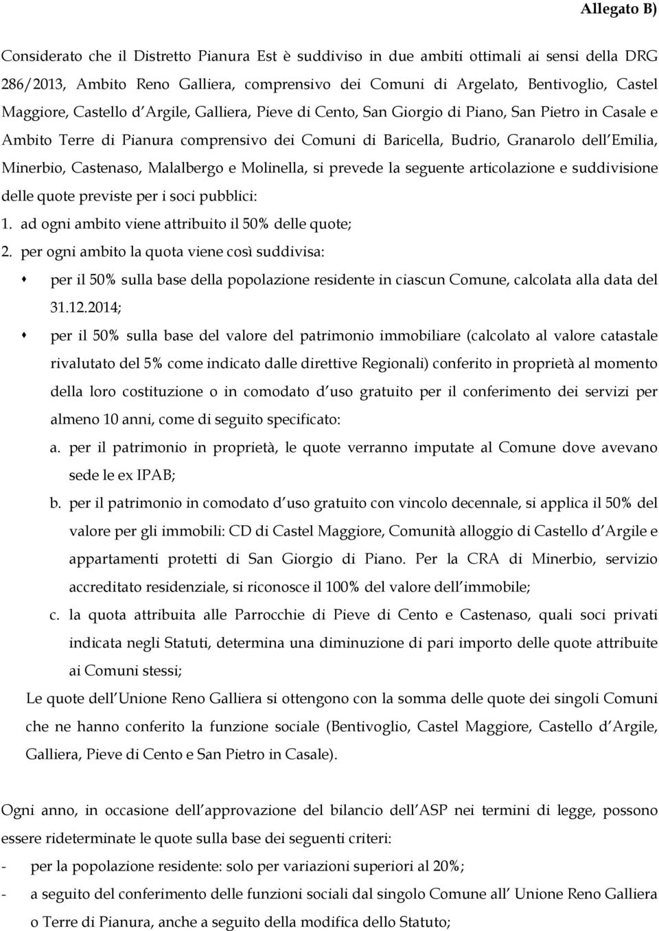 Castenaso, Malalbergo e Molinella, si prevede la seguente articolazione e suddivisione delle quote previste per i soci pubblici: 1. ad ogni ambito viene attribuito il 50% delle quote; 2.