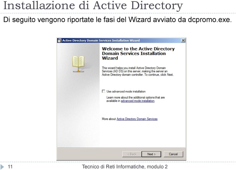 del Wizard avviato da dcpromo.exe.