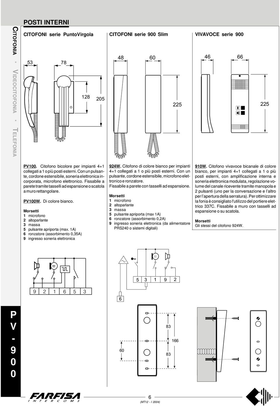 Morsetti microfono 2 altoparlante 3 massa 5 pulsante apriporta (max. A) 6 ronzatore (assorbimento 0,35A) 9 ingresso soneria elettronica 924W.