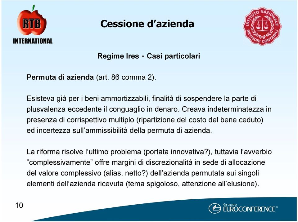 Creava indeterminatezza in presenza di corrispettivo multiplo (ripartizione del costo del bene ceduto) ed incertezza sull ammissibilità della permuta di azienda.