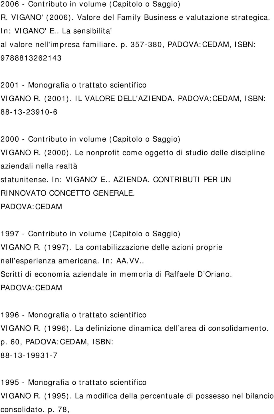 PADOVA:CEDAM, ISBN: 88-13-23910-6 2000 - Contributo in volume (Capitolo o Saggio) VIGANO R. (2000). Le nonprofit come oggetto di studio delle discipline aziendali nella realtà statunitense.