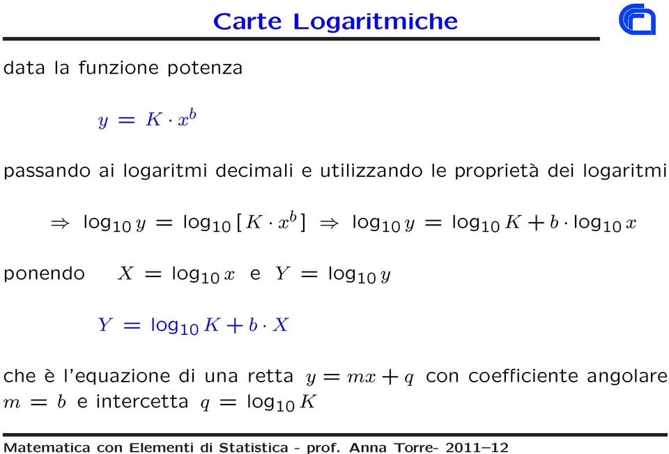 y = log 10 K +b log 10 x ponendo X = log 10 x e Y = log 10 y Y = log 10 K +b X che