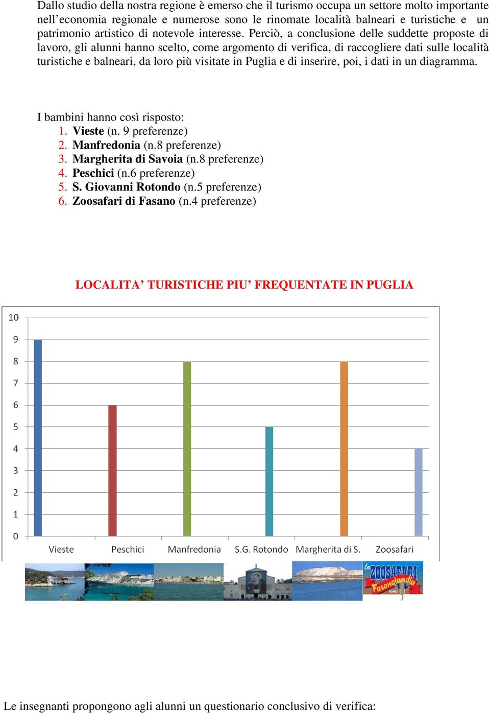 Perciò, a conclusione delle suddette proposte di lavoro, gli alunni hanno scelto, come argomento di verifica, di raccogliere dati sulle località turistiche e balneari, da loro più visitate in Puglia