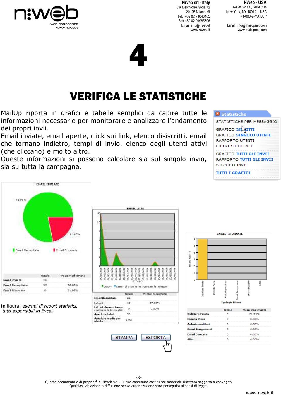 Email inviate, email aperte, click sui link, elenco disiscritti, email che tornano indietro, tempi di invio, elenco degli