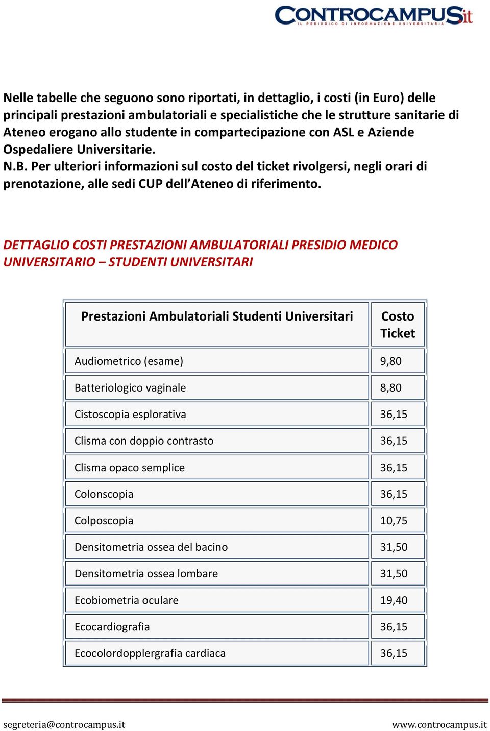 DETTAGLIO COSTI PRESTAZIONI AMBULATORIALI PRESIDIO MEDICO UNIVERSITARIO STUDENTI UNIVERSITARI Prestazioni Ambulatoriali Studenti Universitari Costo Ticket Audiometrico (esame) 9,80 Batteriologico