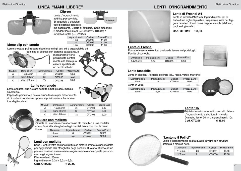 Modello A B C Clip-on Lente d ingrandimento additiva per occhiale. OT0245 Si aggancia a qualsiasi tipo di occhiali con sistema basculante. Dotato di astuccio.