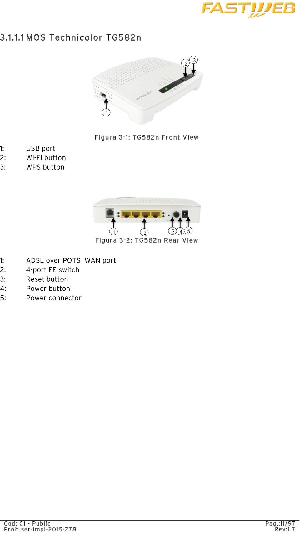 Figura 3-2: TG582n Rear View 1: ADSL over POTS WAN port 2: