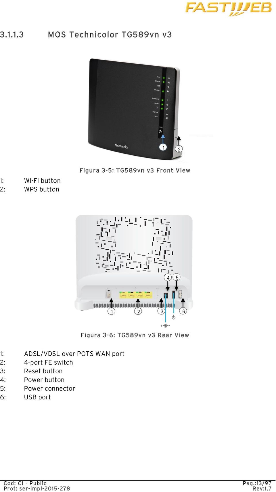Rear View 1: ADSL/VDSL over POTS WAN port 2: 4-port FE switch 3:
