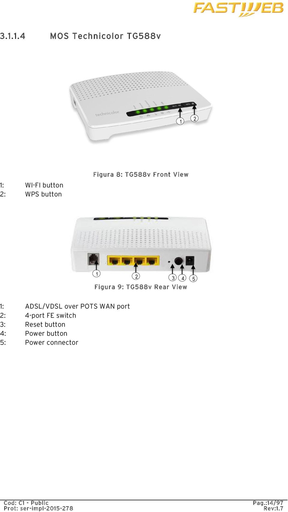 TG588v Rear View 1: ADSL/VDSL over POTS WAN port 2: 4-port