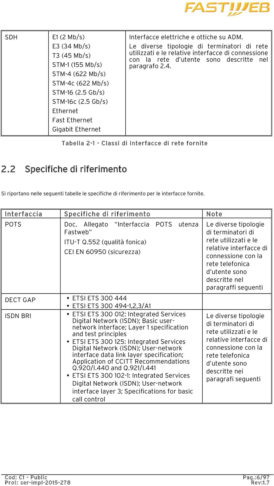 Le diverse tipologie di terminatori di rete utilizzati e le relative interfacce di connessione con la rete d utente sono descritte nel paragrafo 2.4.