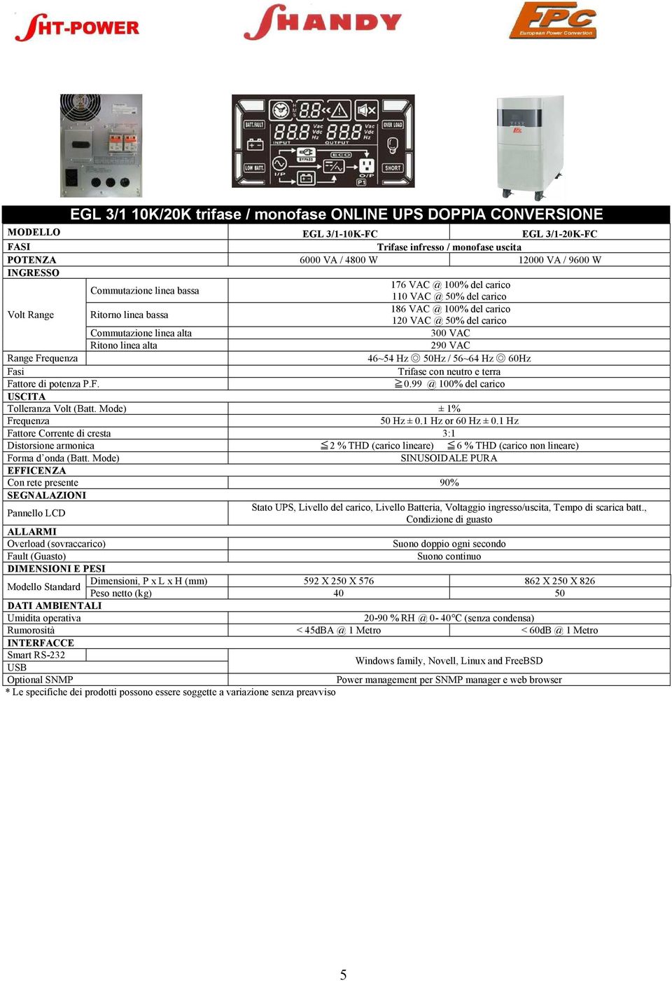 linea alta 290 VAC Range Frequenza 46~54 Hz 50Hz / 56~64 Hz 60Hz Fasi Trifase con neutro e terra Fattore di potenza P.F. 0.99 @ 100% del carico USCITA Tolleranza Volt (Batt.