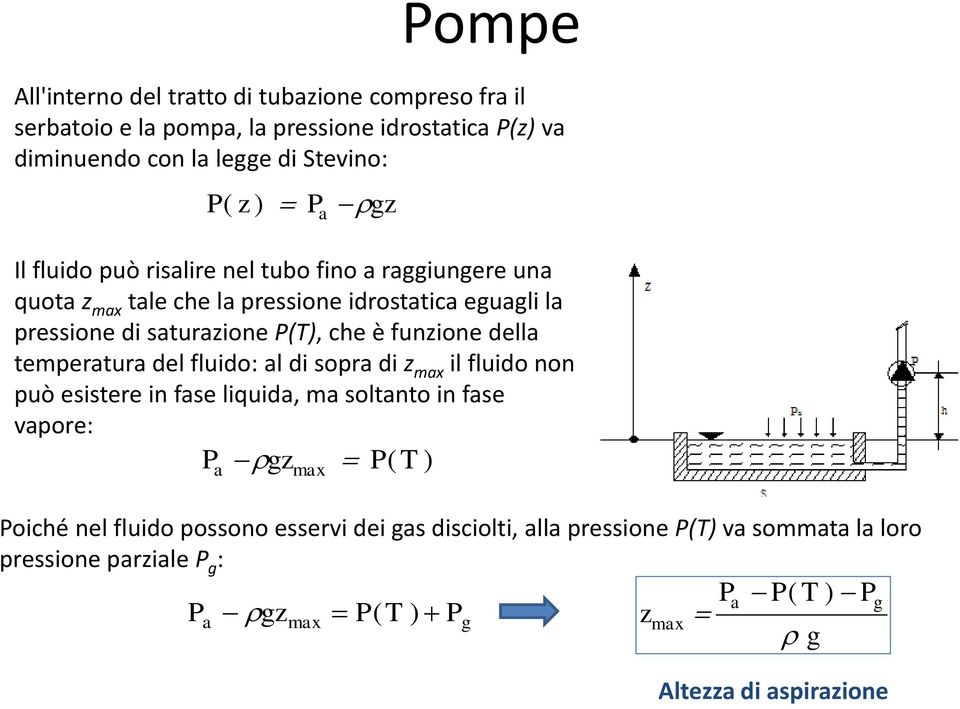 della temperatura del fluido: al di sopra di z max il fluido non può esistere in fase liquida, ma soltanto in fase vapore: P gz max P( T ) a Poiché nel fluido