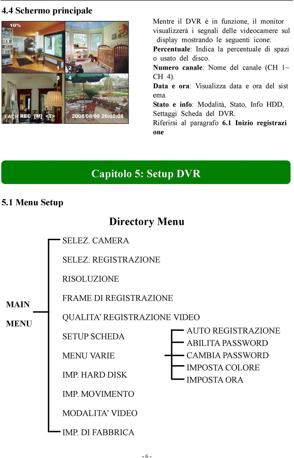 Riferirsi al paragrafo 6.1 Inizio registrazi one Capitolo 5: Setup DVR > 5.1 Menu Setup Directory Menu SELEZ. CAMERA SELEZ.