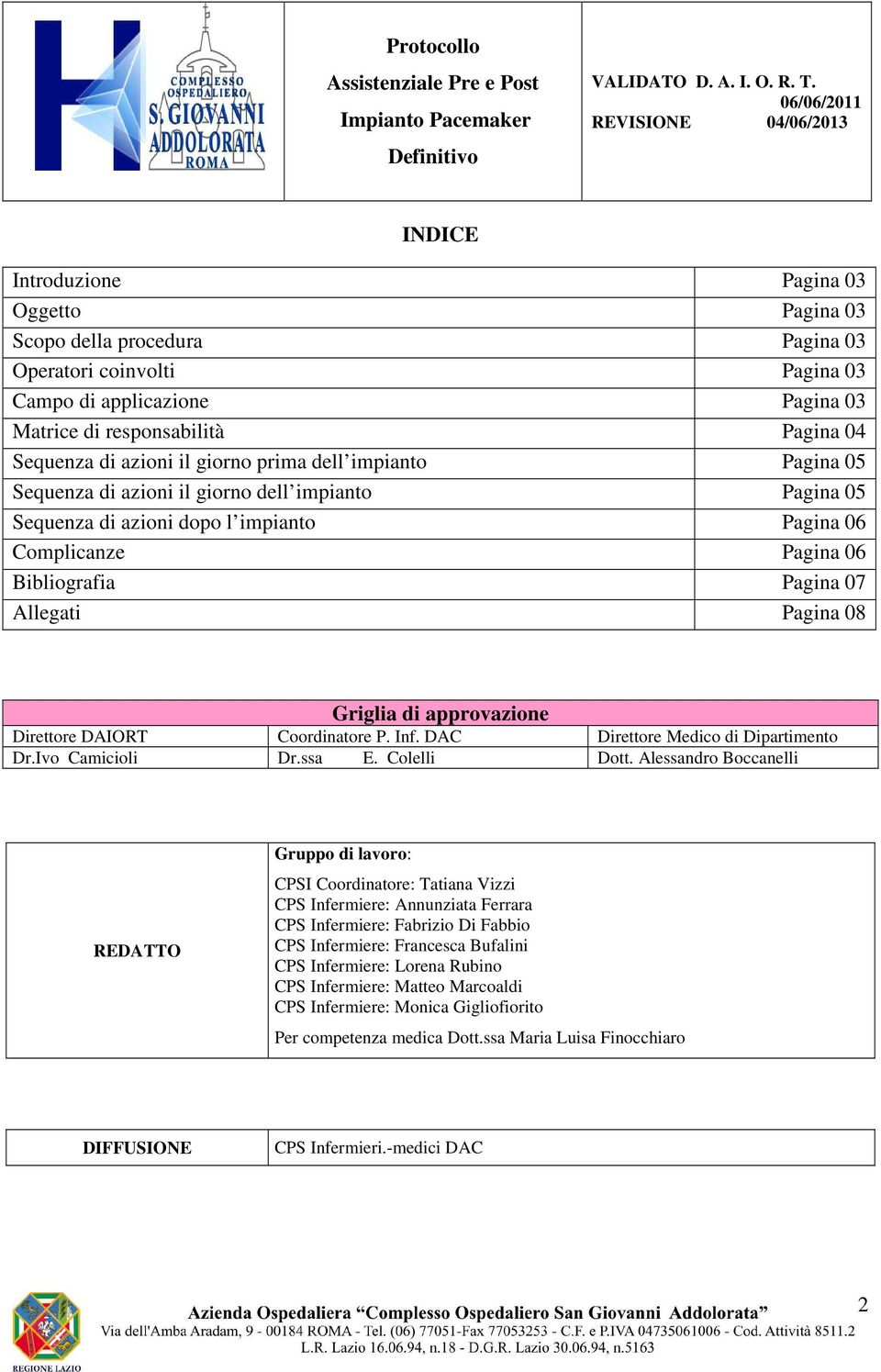 post-procedurali Pagina 07 06 Bibliografia Pagina 07 Allegati Pagina 08 Griglia di approvazione Direttore DAIORT Coordinatore P. Inf. DAC Direttore Medico di Dipartimento Dr.Ivo Camicioli Dr.ssa E.