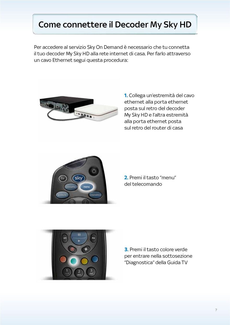 Collega un estremità del cavo ethernet alla porta ethernet posta sul retro del decoder My Sky HD e l altra estremità alla porta