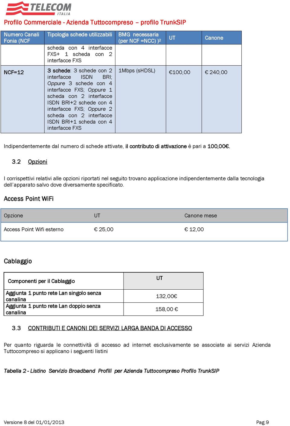 (shdsl) 100,00 240,00 Indipendentemente dal numero di schede attivate, il contributo di attivazione è pari a 100,00. 3.