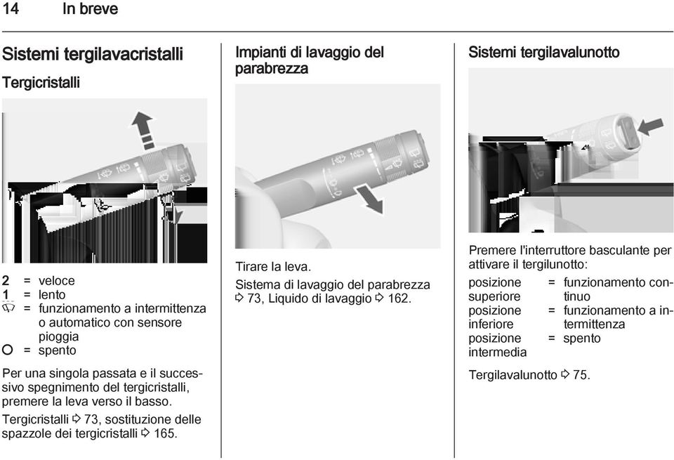 Tergicristalli 3 73, sostituzione delle spazzole dei tergicristalli 3 165. Tirare la leva. Sistema di lavaggio del parabrezza 3 73, Liquido di lavaggio 3 162.