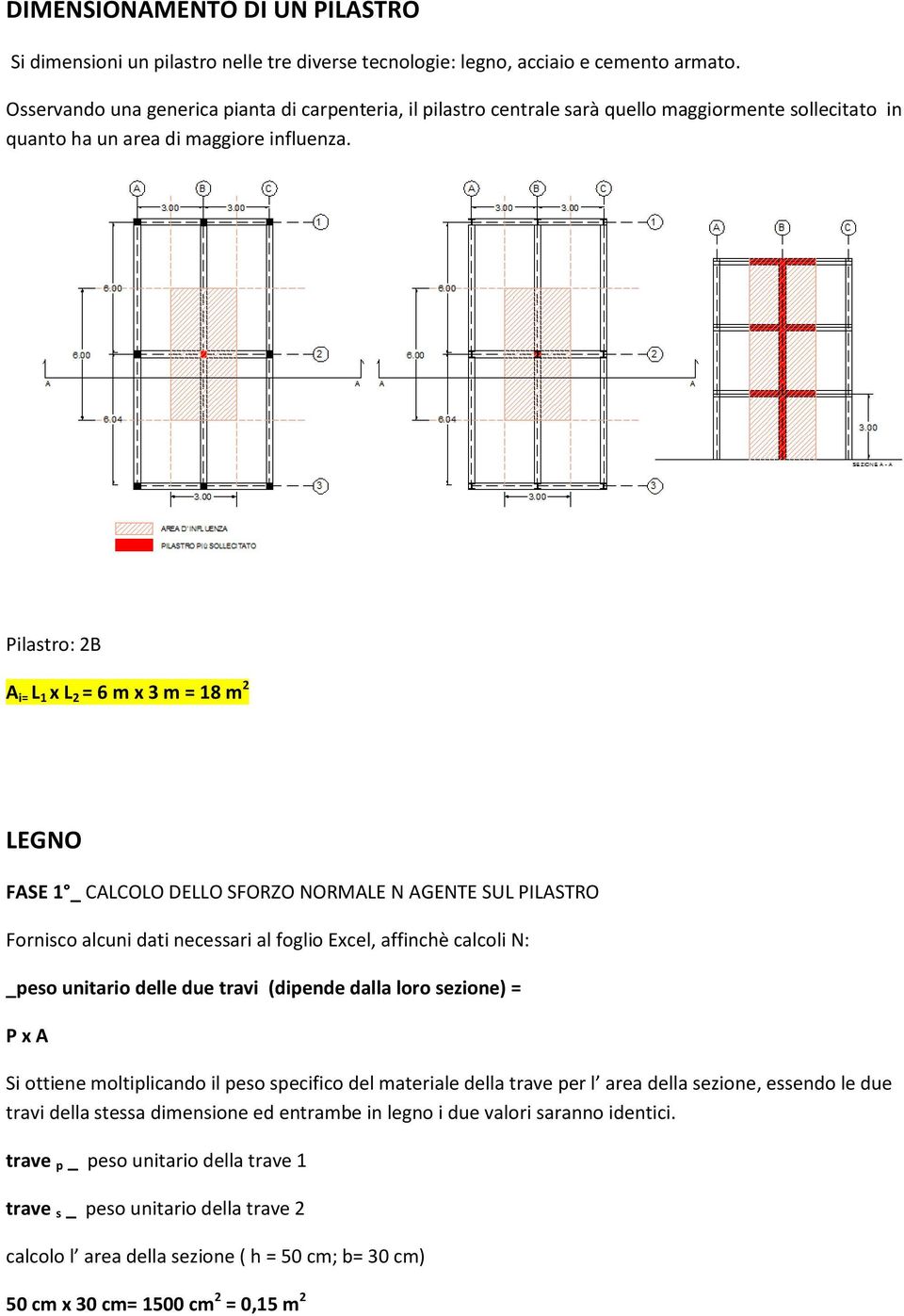 Pilastro: 2B A i= L 1 x L 2 = 6 m x 3 m = 18 m 2 LEGNO FASE 1 _ CALCOLO DELLO SFORZO NORMALE N AGENTE SUL PILASTRO Fornisco alcuni dati necessari al foglio Excel, affinchè calcoli N: _peso unitario