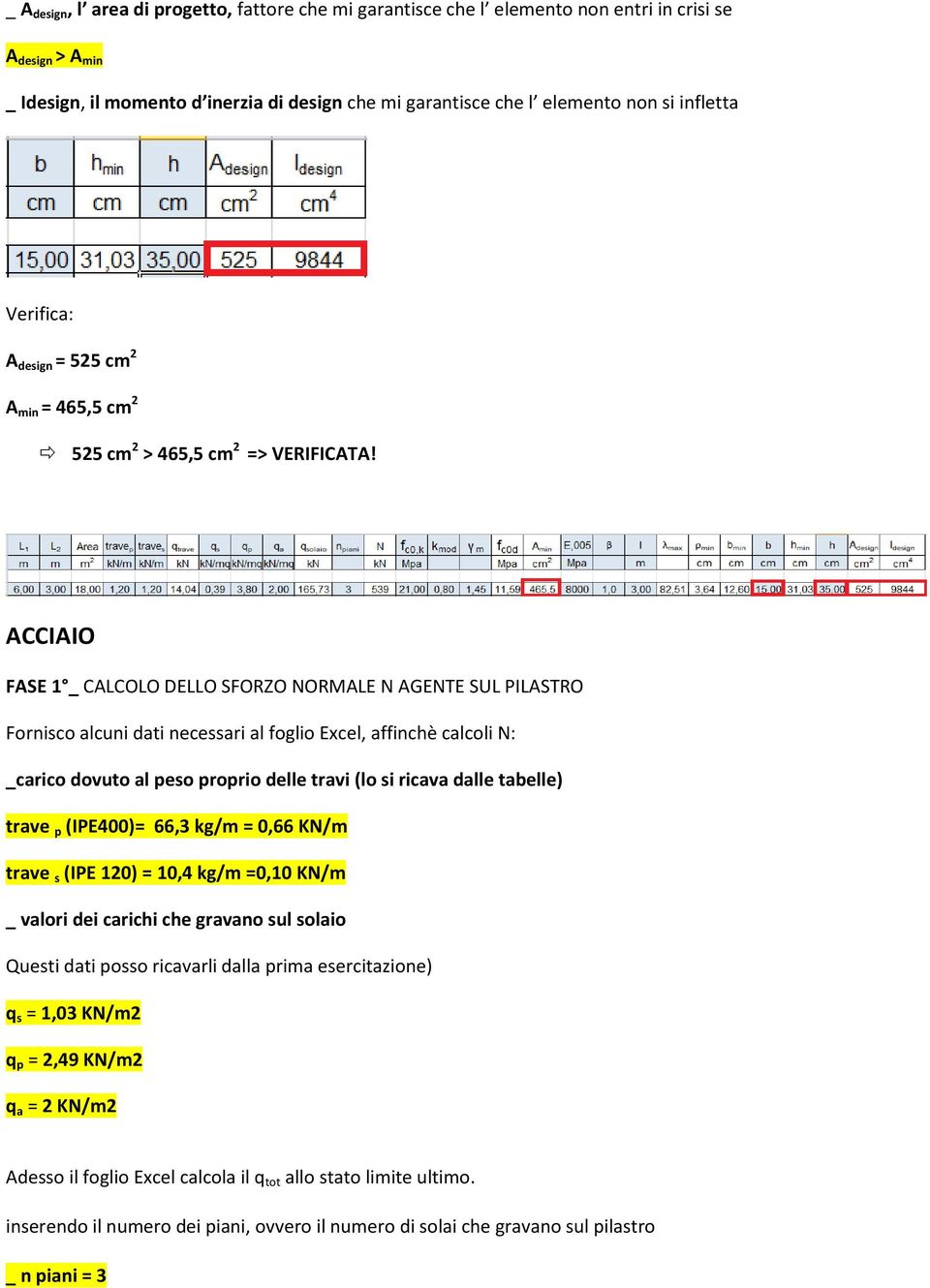 ACCIAIO FASE 1 _ CALCOLO DELLO SFORZO NORMALE N AGENTE SUL PILASTRO Fornisco alcuni dati necessari al foglio Excel, affinchè calcoli N: _carico dovuto al peso proprio delle travi (lo si ricava dalle