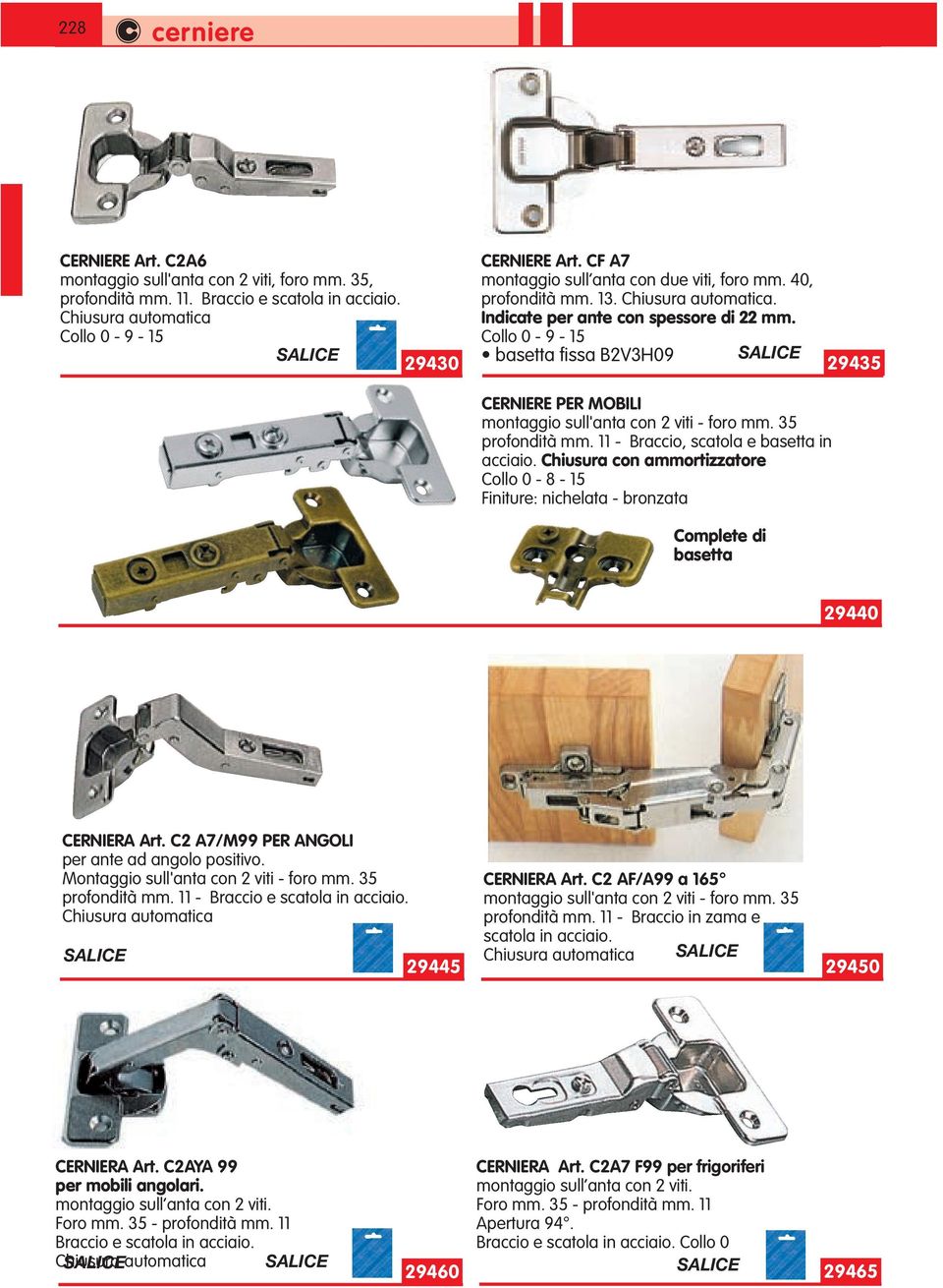 Collo 0-9 - 15 basetta fissa B2V3H09 29435 CERNIERE PER MOBILI montaggio sull'anta con 2 viti - foro mm. 35 profondità mm. 11 - Braccio, scatola e basetta in acciaio.