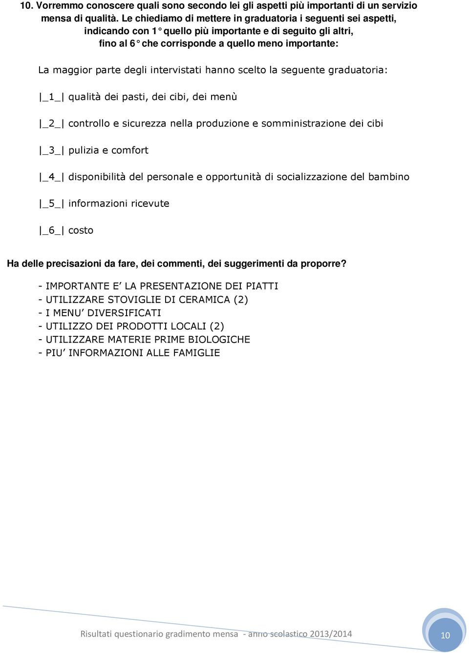 intervistati hanno scelto la seguente graduatoria: _1_ qualità dei pasti, dei cibi, dei menù _2_ controllo e sicurezza nella produzione e somministrazione dei cibi _3_ pulizia e comfort _4_