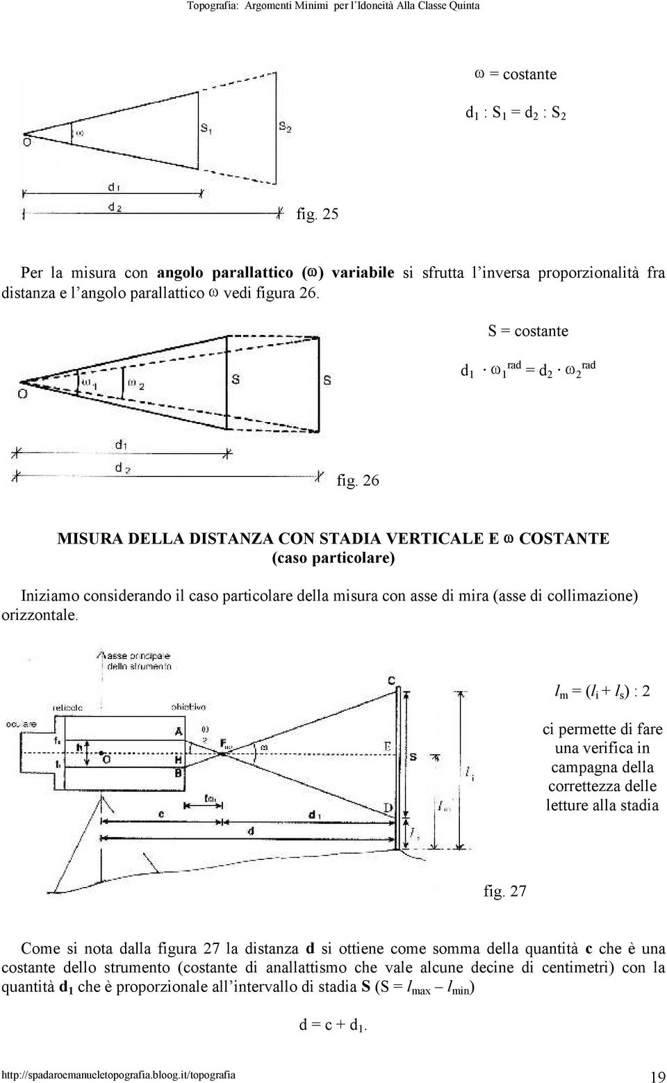 6 MISURA DELLA DISTANZA CON STADIA VERTICALE E COSTANTE (caso particolare) Iniziamo considerando il caso particolare della misura con asse di mira (asse di collimazione) orizzontale.