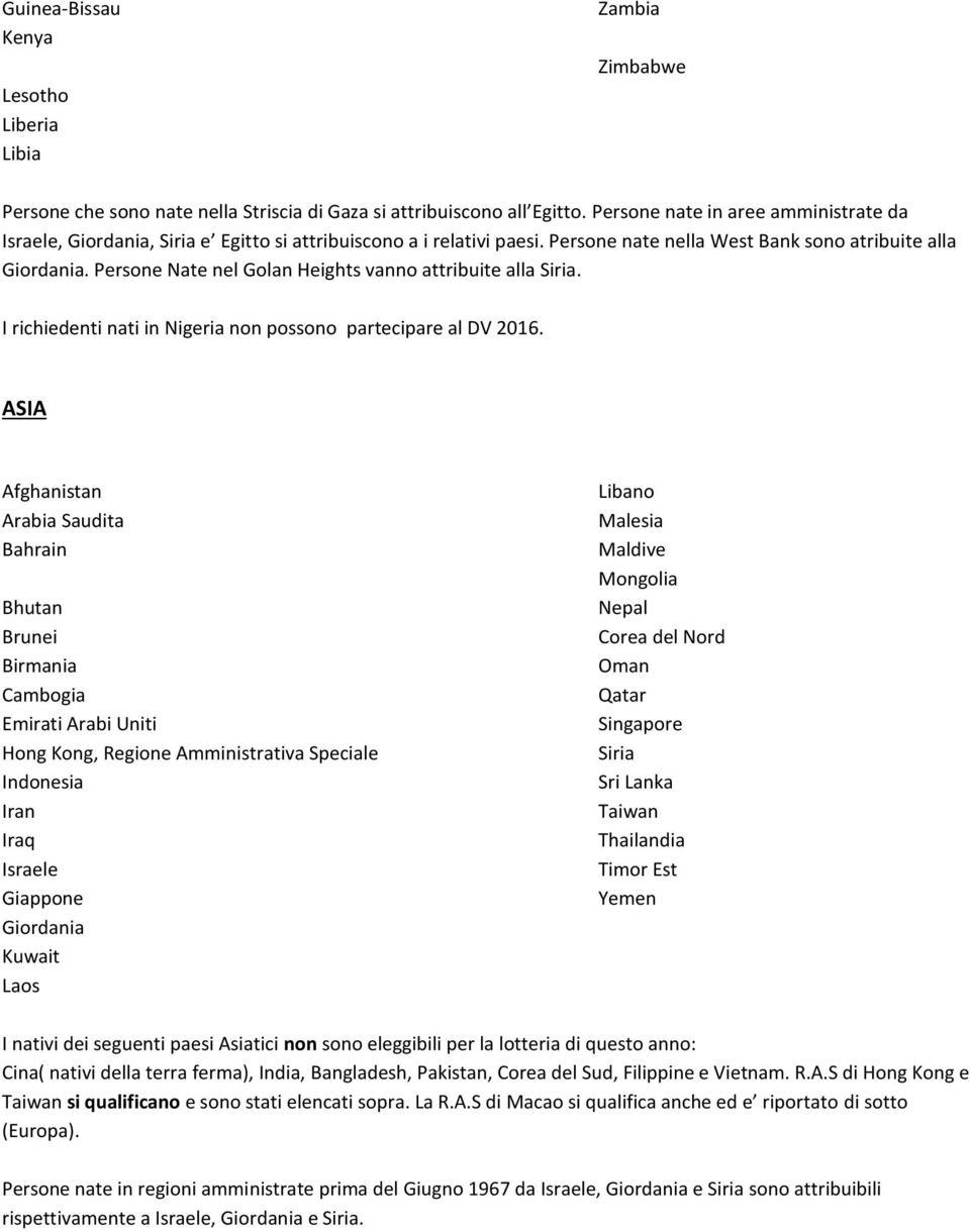 Persone Nate nel Golan Heights vanno attribuite alla Siria. I richiedenti nati in Nigeria non possono partecipare al DV 2016.