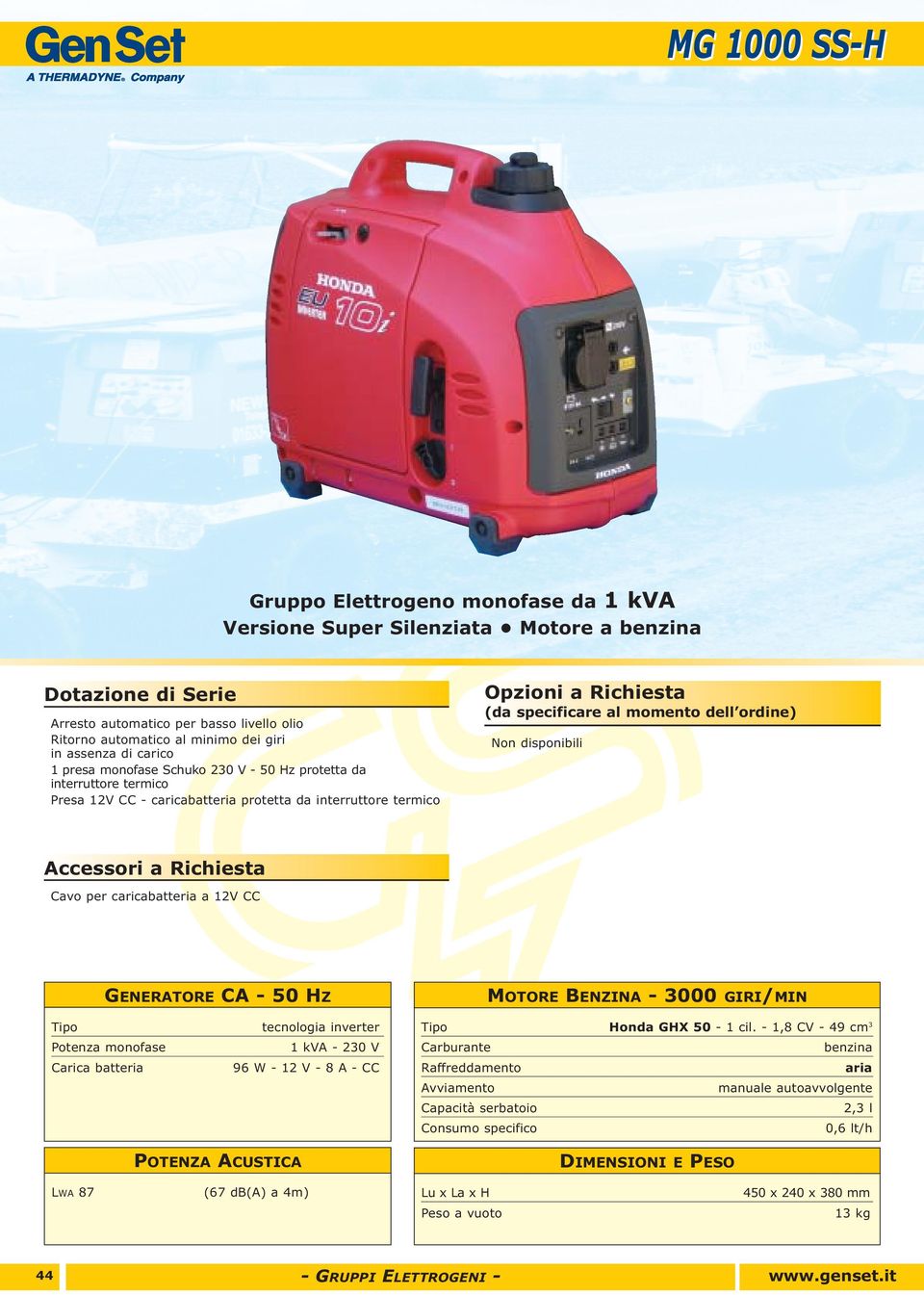 caricabatteria a 12V CC MOTORE BENZINA - 3000 GIRI/MIN Carica batteria tecnologia inverter 1 kva - 230 V 96 W - 12 V - 8 A - CC Honda GHX 50-1 cil.