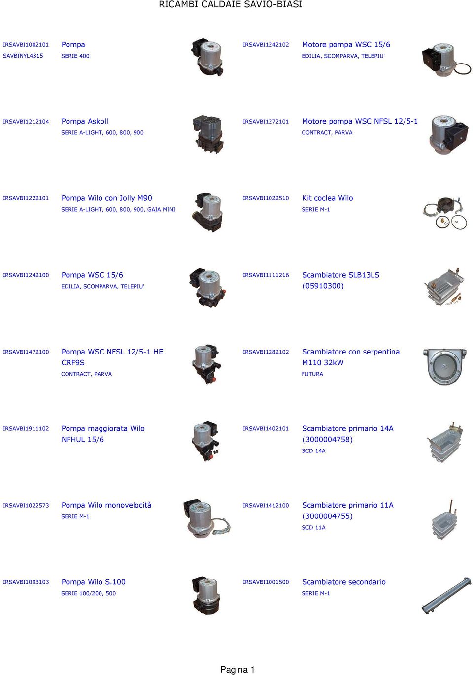 CONTRACT, PARVA SERIE A-LIGHT, 600, 800, 900, GAIA MINI IRSAVBI1242100 Motore pompa WSC 15/6 EDILIA, SCOMPARVA, TELEPIU' IRSAVBI1282102 Scambiatore con serpentina CRF9S M110 32kW CONTRACT, PARVA