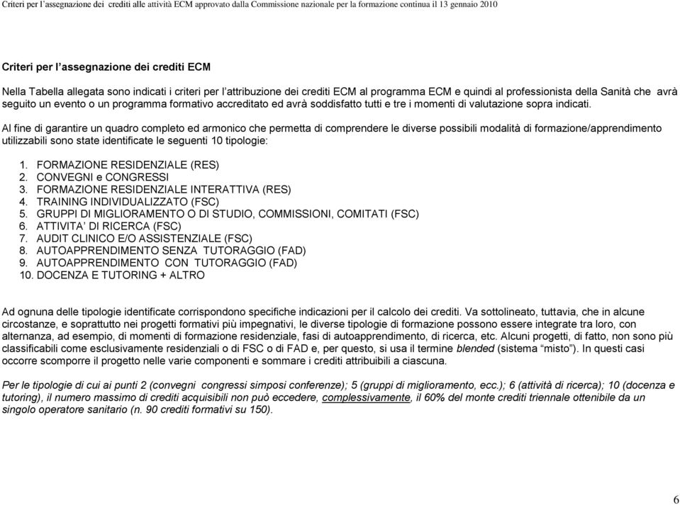 Al fine di garantire un quadro completo ed armonico che permetta di comprendere le diverse possibili modalità di formazione/apprendimento utilizzabili sono state identificate le seguenti 10