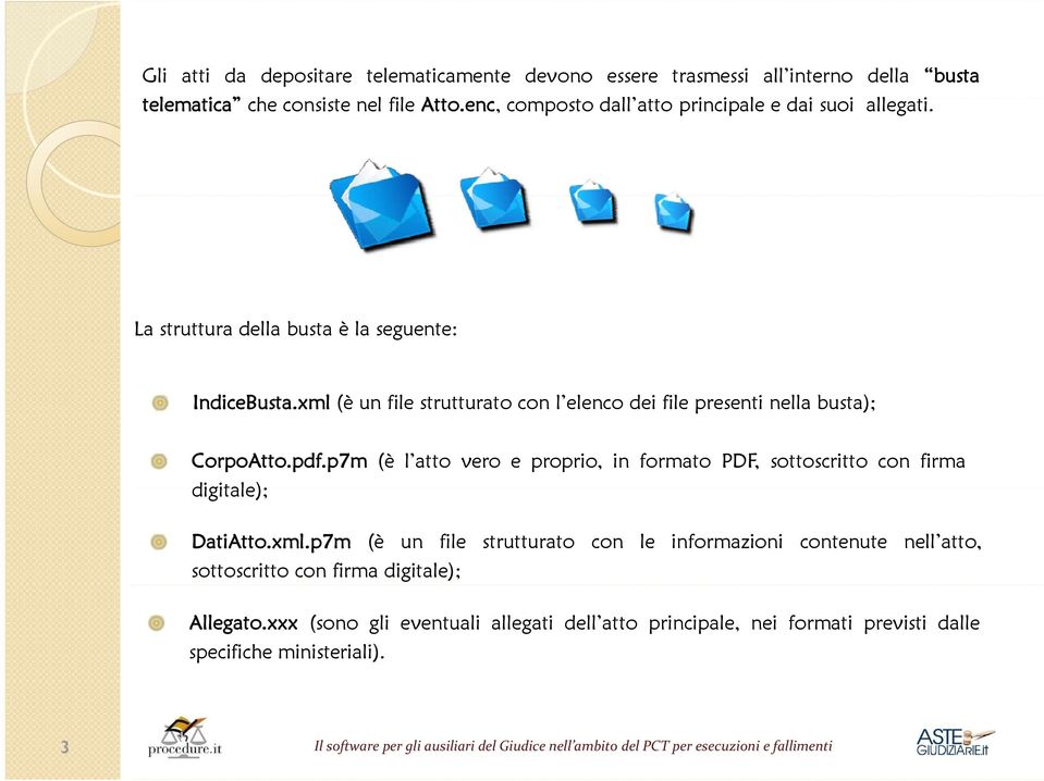 xml (è un file strutturato con l elenco dei file presenti nella busta); CorpoAtto.pdf.p7m (è l atto vero e proprio, in formato PDF, sottoscritto con firma digitale); DatiAtto.xml.p7m (è un file strutturato con le informazioni contenute nell atto, sottoscritto con firma digitale); Allegato.