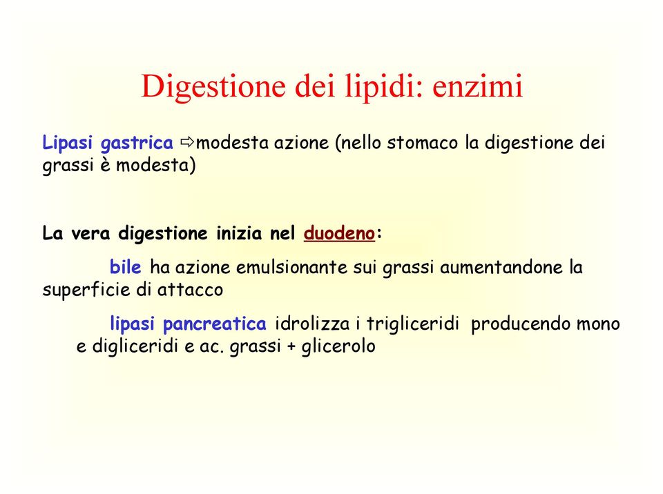 azione emulsionante sui grassi aumentandone la superficie di attacco lipasi
