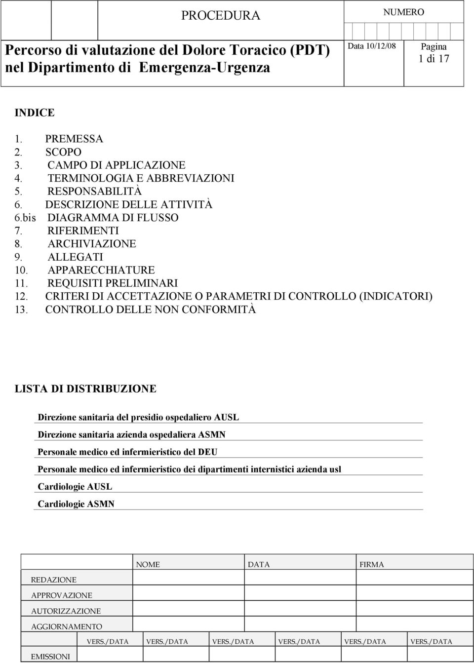 CONTROLLO DELLE NON CONFORMITÀ LISTA DI DISTRIBUZIONE Direzione sanitaria del presidio ospedaliero AUSL Direzione sanitaria azienda ospedaliera ASMN Personale medico ed infermieristico del DEU