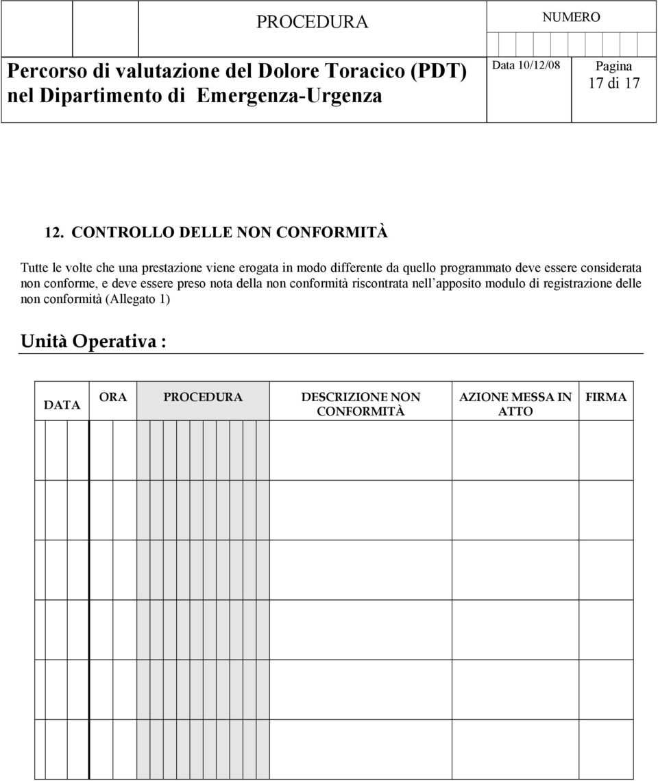 differente da quello programmato deve essere considerata non conforme, e deve essere preso nota