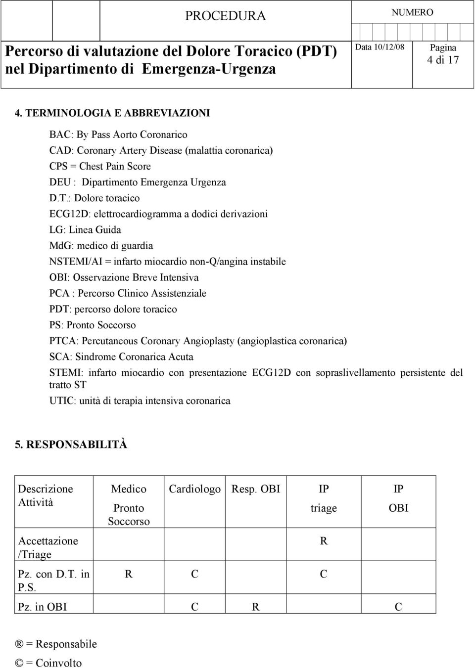 : Dolore toracico ECG12D: elettrocardiogramma a dodici derivazioni LG: Linea Guida MdG: medico di guardia NSTEMI/AI = infarto miocardio non-q/angina instabile OBI: Osservazione Breve Intensiva PCA :