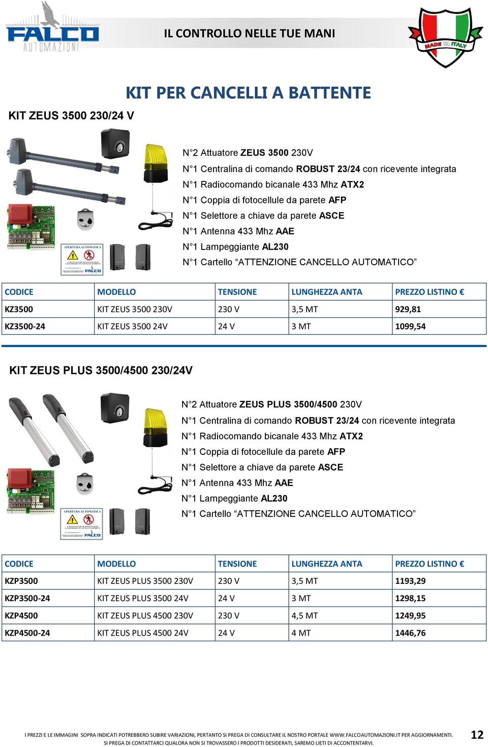 PREZZO LISTINO KZ3500 KIT ZEUS 3500 230V 230 V 3,5 MT 929,81 KZ3500-24 KIT ZEUS 3500 24V 24 V 3 MT 1099,54 KIT ZEUS PLUS 3500/4500 230/24V N 2 Attuatore ZEUS PLUS 3500/4500 230V N 1 Centralina di