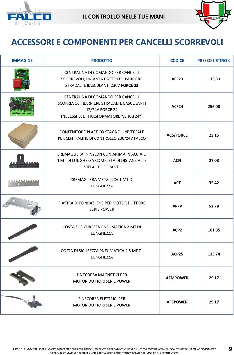 PER CENTRALINE DI CONTROLLO 230/24V FALCO ACS/FORCE 23,15 CREMAGLIERA IN NYLON CON ANIMA IN ACCIAIO 1 MT DI LUNGHEZZA COMPLETA DI DISTANZIALI E VITI AUTO FORANTI ACN 27,08 CREMAGLIERA METALLICA 1 MT