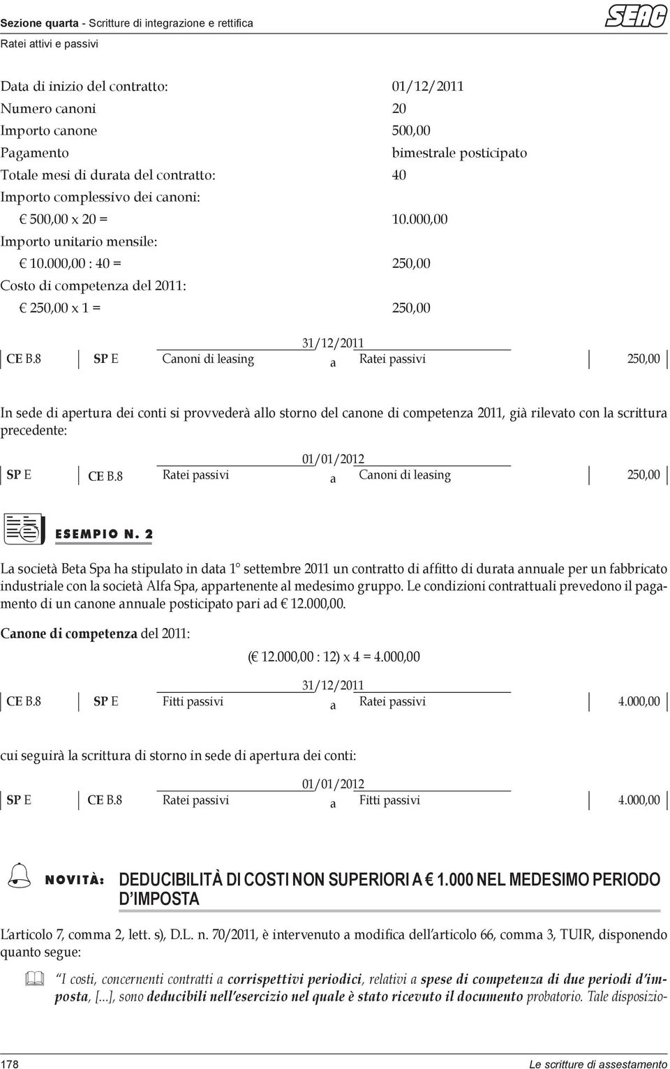 8 SP E Canoni di leasing a Ratei passivi 250,00 In sede di apertura dei conti si provvederà allo storno del canone di competenza 2011, già rilevato con la scrittura precedente: 01/01/2012 SP E CE B.